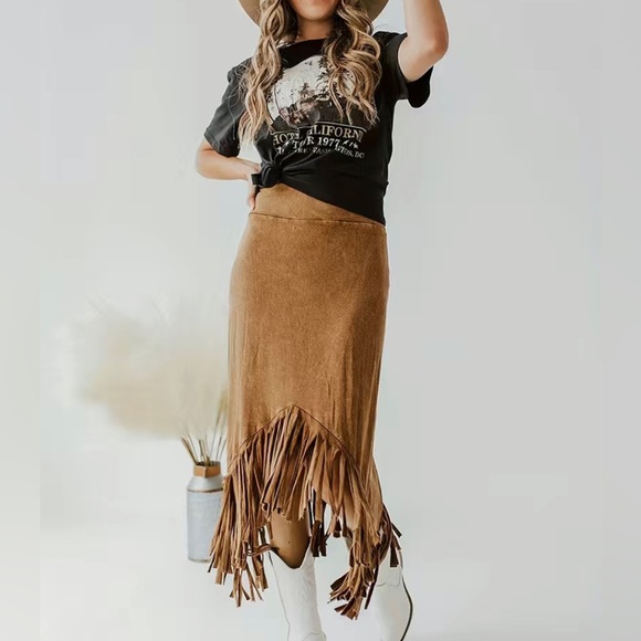 Brown Tassel Hem Midi Skirt - Picture 4 of 5